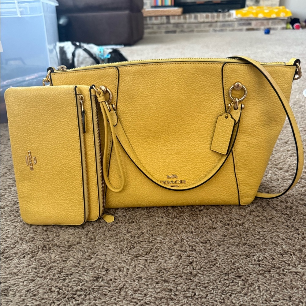 Coach Butter Yellow Kayce Satchel Bag + Coach Double Zip Matching Wallet